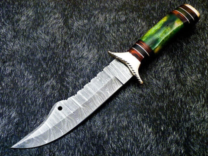 Heritage Forge 12 Inch Handmade Damascus Steel Bowie Hunting Knife with Camel Bone and Hardwood Handle