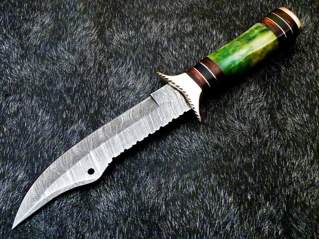 Heritage Forge 12 Inch Handmade Damascus Steel Bowie Hunting Knife with Camel Bone and Hardwood Handle