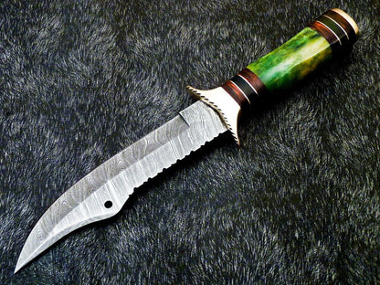 Heritage Forge 12 Inch Handmade Damascus Steel Bowie Hunting Knife with Camel Bone and Hardwood Handle