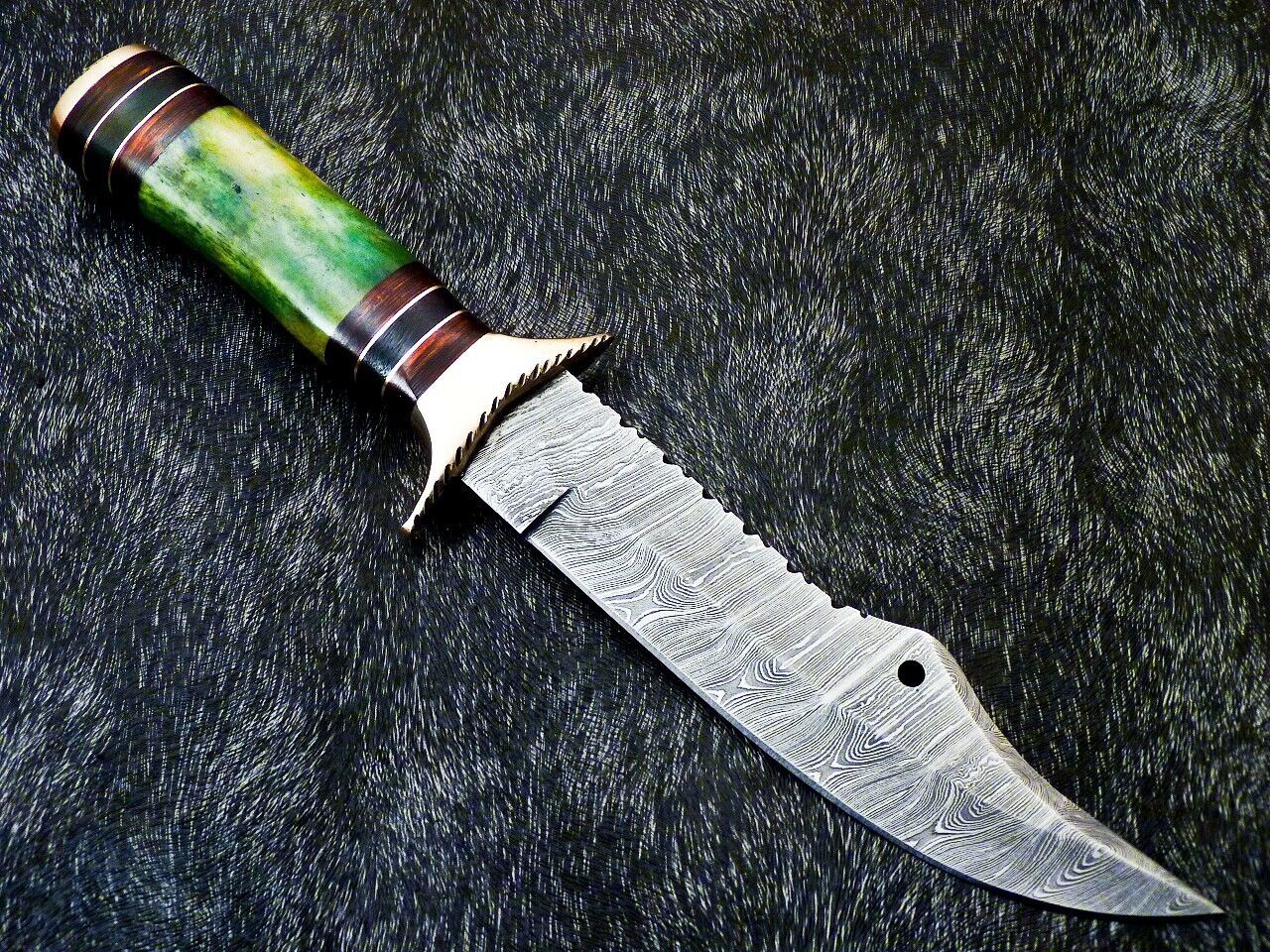 Heritage Forge 12 Inch Handmade Damascus Steel Bowie Hunting Knife with Camel Bone and Hardwood Handle