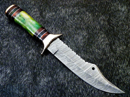 Heritage Forge 12 Inch Handmade Damascus Steel Bowie Hunting Knife with Camel Bone and Hardwood Handle