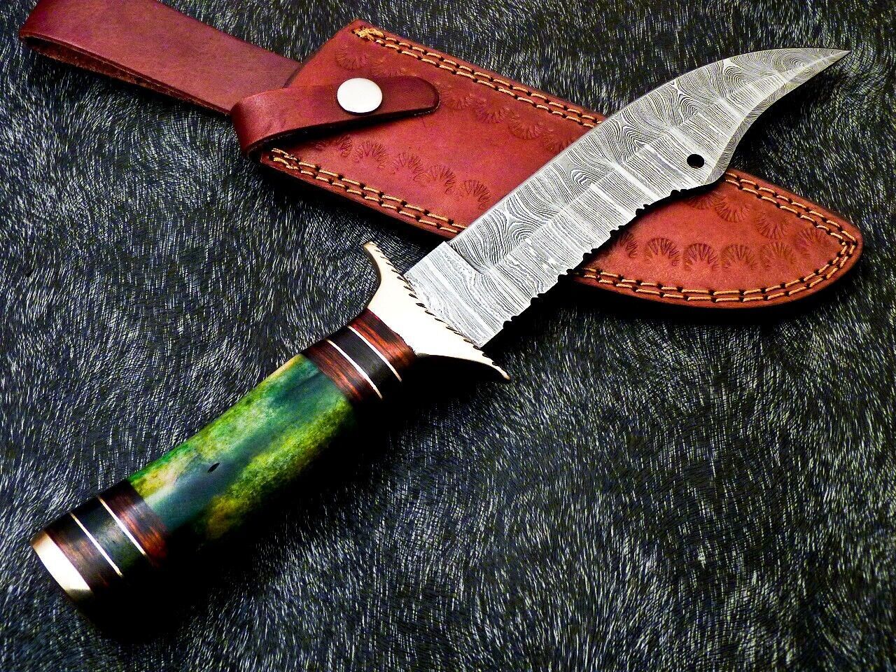 Heritage Forge 12 Inch Handmade Damascus Steel Bowie Hunting Knife with Camel Bone and Hardwood Handle