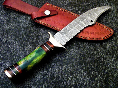 Heritage Forge 12 Inch Handmade Damascus Steel Bowie Hunting Knife with Camel Bone and Hardwood Handle