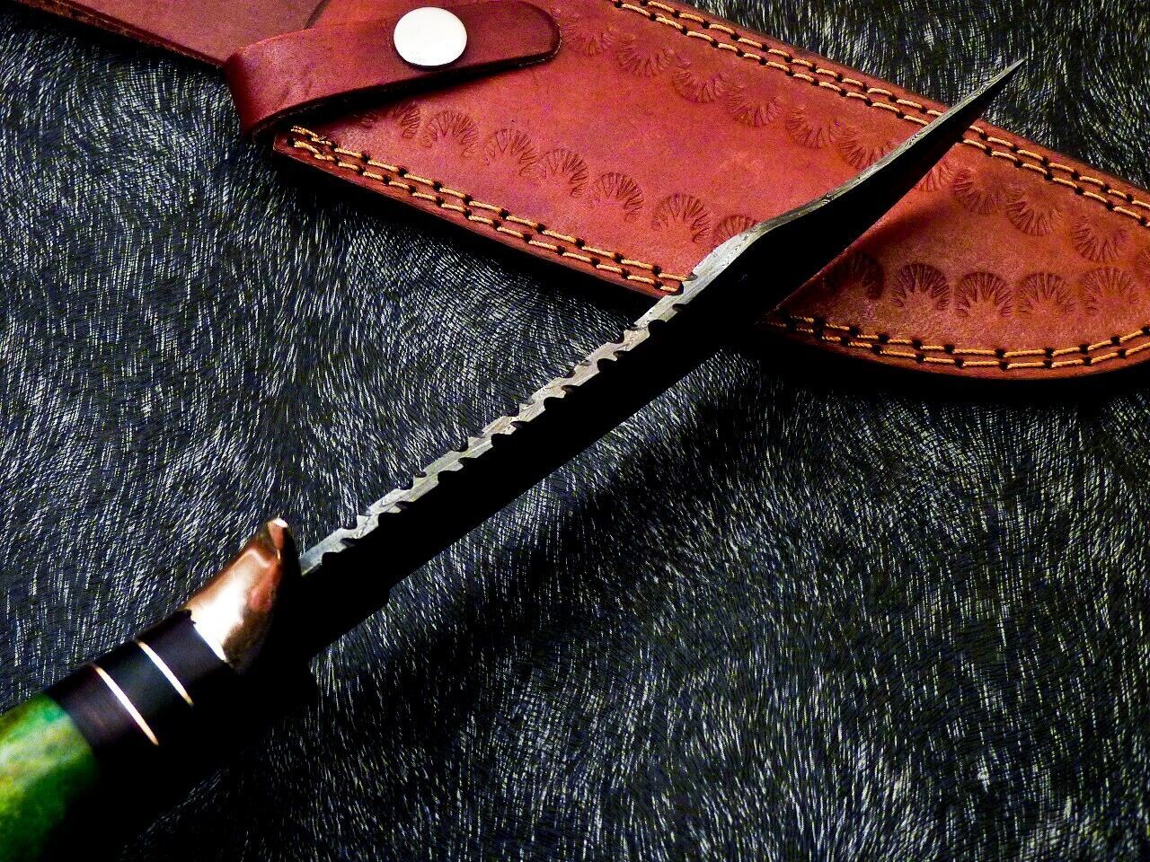 Heritage Forge 12 Inch Handmade Damascus Steel Bowie Hunting Knife with Camel Bone and Hardwood Handle