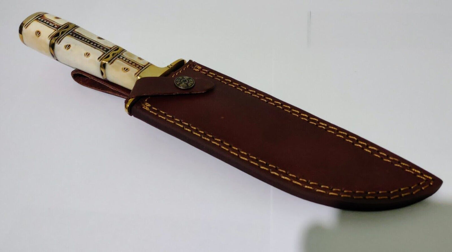 12.25" Hunting Bowie Knife 440 Stainless Steel White Bone Handle with Leather Sheath