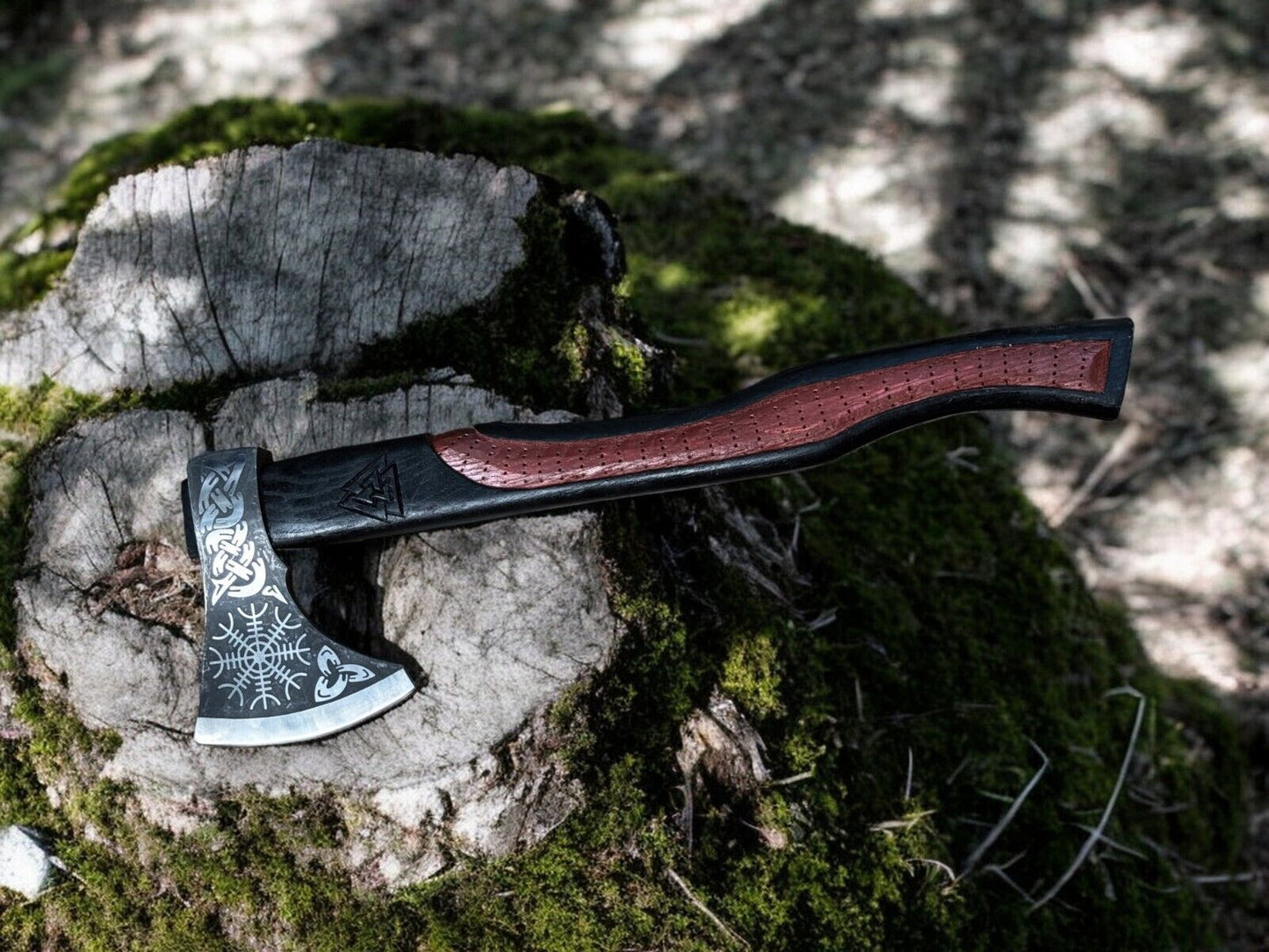 Hand Forged Viking Axe with Leather Sheath – Norse Engraved Hatchet with Carved Wooden Handle