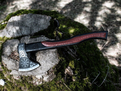 Hand Forged Viking Axe with Leather Sheath – Norse Engraved Hatchet with Carved Wooden Handle