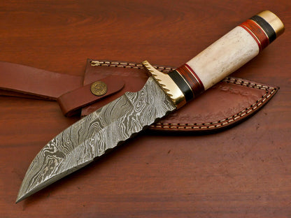 Handmade Damascus Bowie Hunting Knife | Camel Bone & Pakka Wood Handle