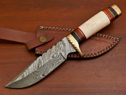 Handmade Damascus Bowie Hunting Knife | Camel Bone & Pakka Wood Handle