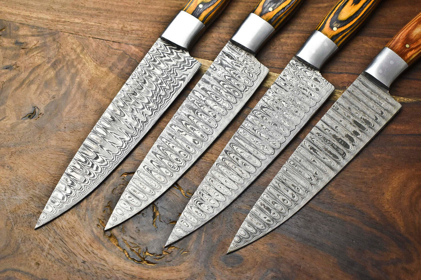 Custom Lot of 4 Handmade Hammered Damascus Steel Blade Chef Knife Set