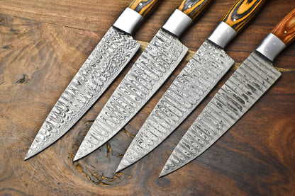 Custom Lot of 4 Handmade Hammered Damascus Steel Blade Chef Knife Set