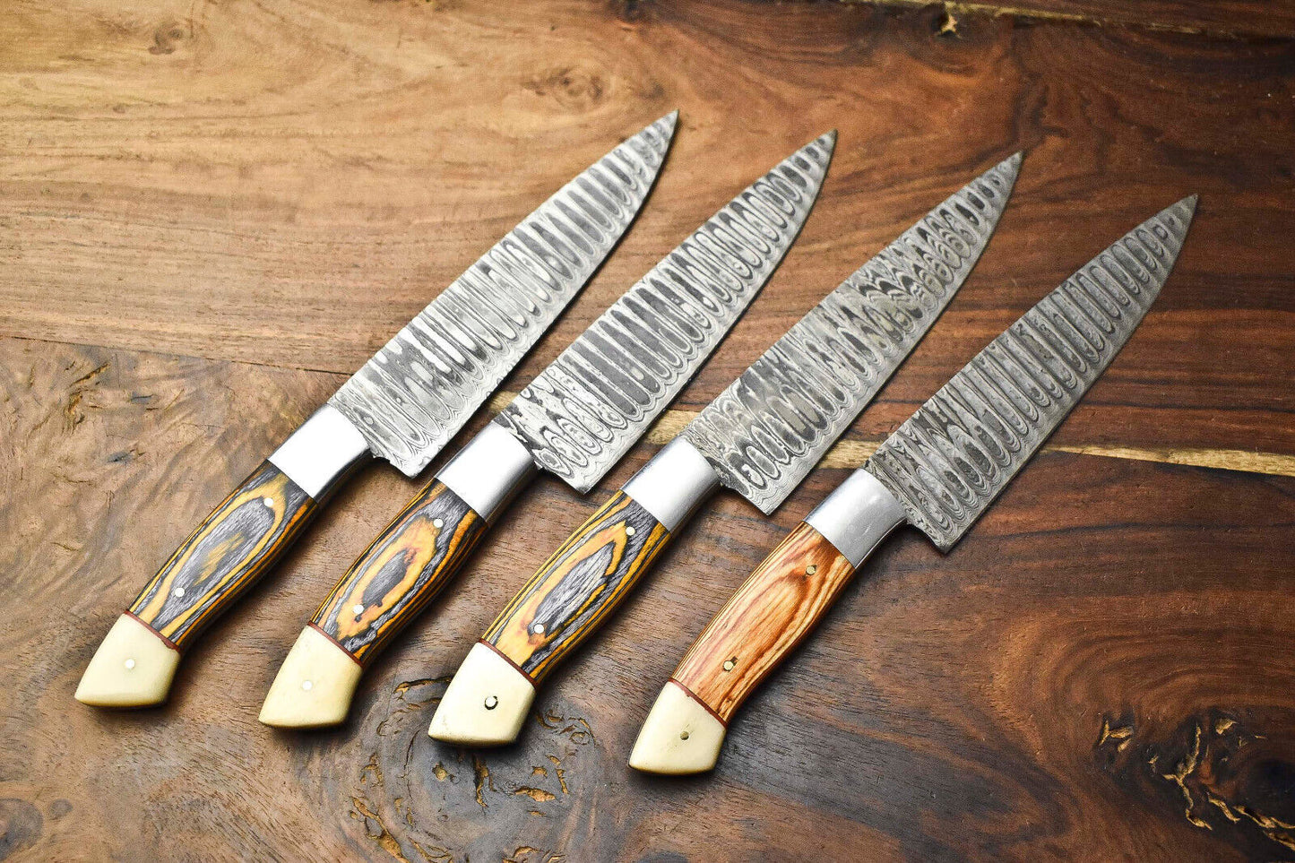 Custom Lot of 4 Handmade Hammered Damascus Steel Blade Chef Knife Set
