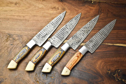 Custom Lot of 4 Handmade Hammered Damascus Steel Blade Chef Knife Set