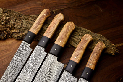 Premium Custom Set of 5 Handmade Hammered Damascus Steel Chef Knives – 384 Layer Forged Blades