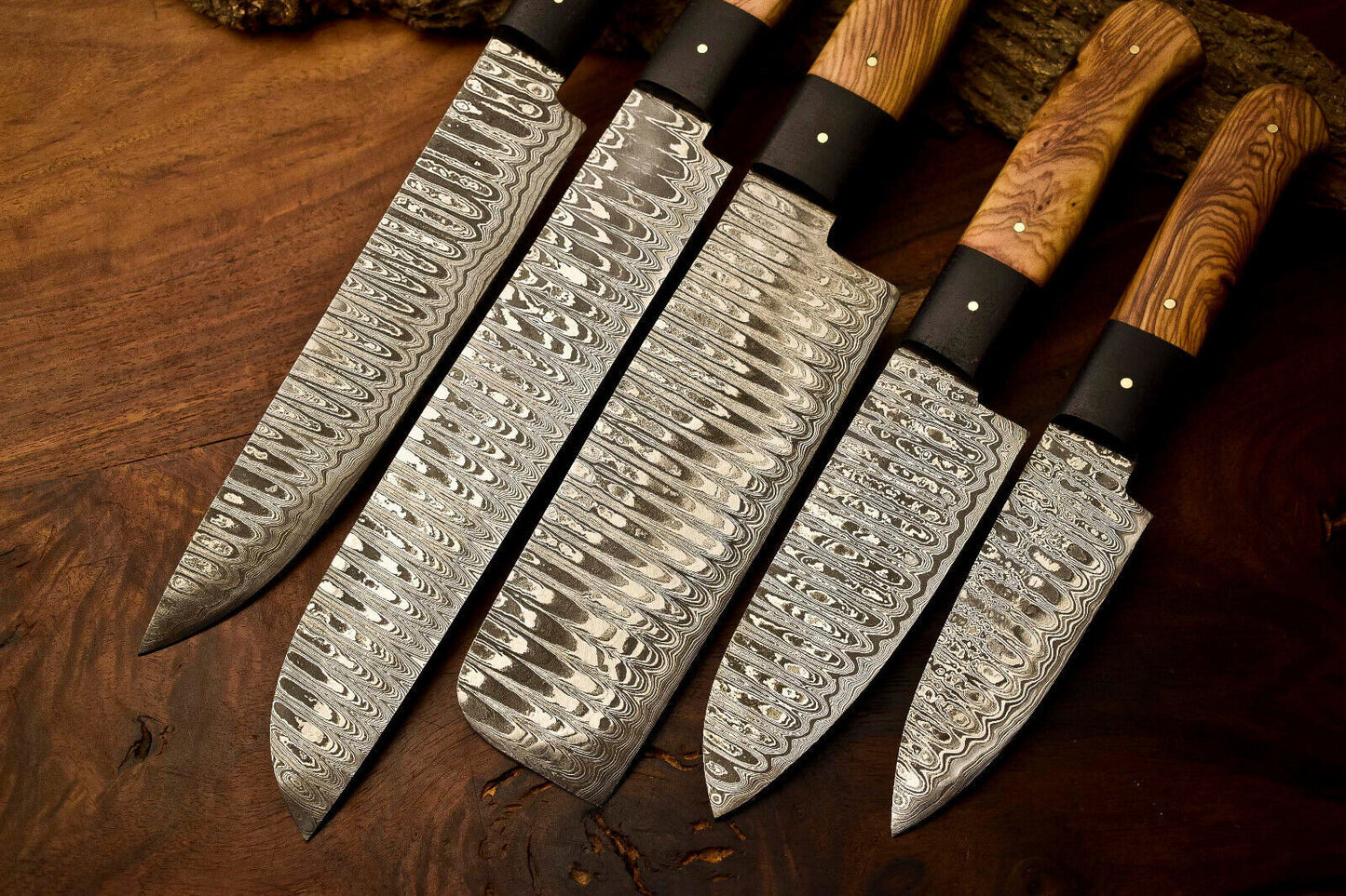 Premium Custom Set of 5 Handmade Hammered Damascus Steel Chef Knives – 384 Layer Forged Blades