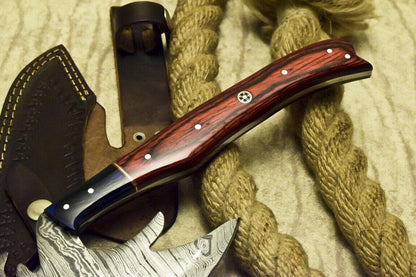Rare Custom Damascus Full Tang Cleaver Chopper Tomahawk Axe Knife with Wood Handle and Leather Sheath