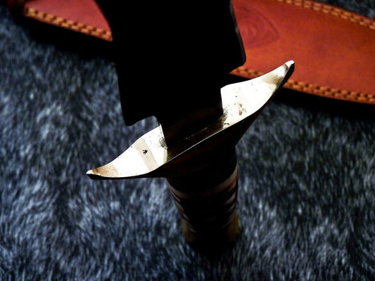 15" Custom Hand Forged Damascus Dagger Hunting Bowie Knife – Engraved Camel Bone & Hardwood Handle