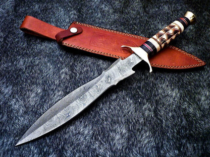 15" Custom Hand Forged Damascus Dagger Hunting Bowie Knife – Engraved Camel Bone & Hardwood Handle