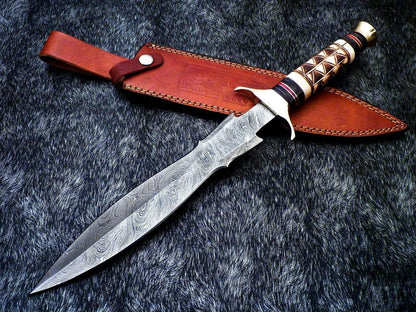 15" Custom Hand Forged Damascus Dagger Hunting Bowie Knife – Engraved Camel Bone & Hardwood Handle