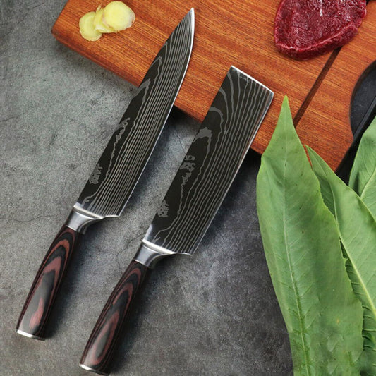 6PCS Japanese Kitchen Chef Knives Set – Laser Damascus Pattern, High Carbon Stainless Steel, Color Wood Handle