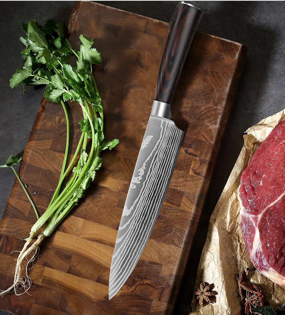 6PCS Japanese Kitchen Chef Knives Set – Laser Damascus Pattern, High Carbon Stainless Steel, Color Wood Handle