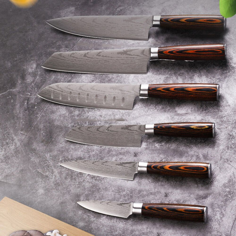 6PCS Japanese Kitchen Chef Knives Set – Laser Damascus Pattern, High Carbon Stainless Steel, Color Wood Handle