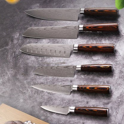 6PCS Japanese Kitchen Chef Knives Set – Laser Damascus Pattern, High Carbon Stainless Steel, Color Wood Handle