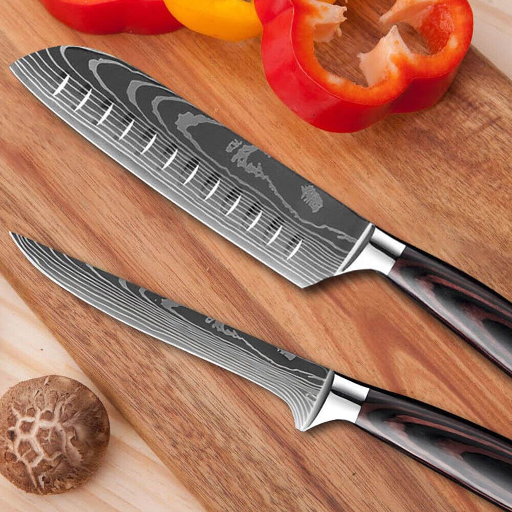 6PCS Japanese Kitchen Chef Knives Set – Laser Damascus Pattern, High Carbon Stainless Steel, Color Wood Handle