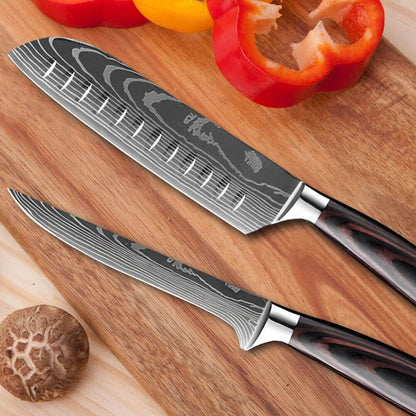 6PCS Japanese Kitchen Chef Knives Set – Laser Damascus Pattern, High Carbon Stainless Steel, Color Wood Handle