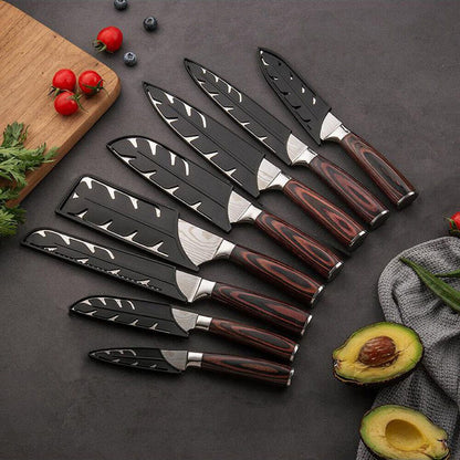 6PCS Japanese Kitchen Chef Knives Set – Laser Damascus Pattern, High Carbon Stainless Steel, Color Wood Handle