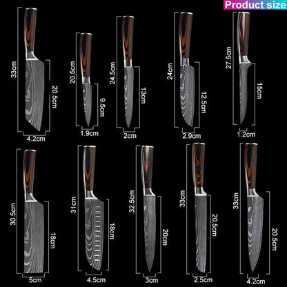 6PCS Japanese Kitchen Chef Knives Set – Laser Damascus Pattern, High Carbon Stainless Steel, Color Wood Handle