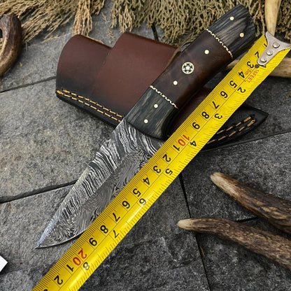Heritage Forge 8 Inch Handmade Damascus Steel Hunting Skinner Knife with Wood Handle and Sheath