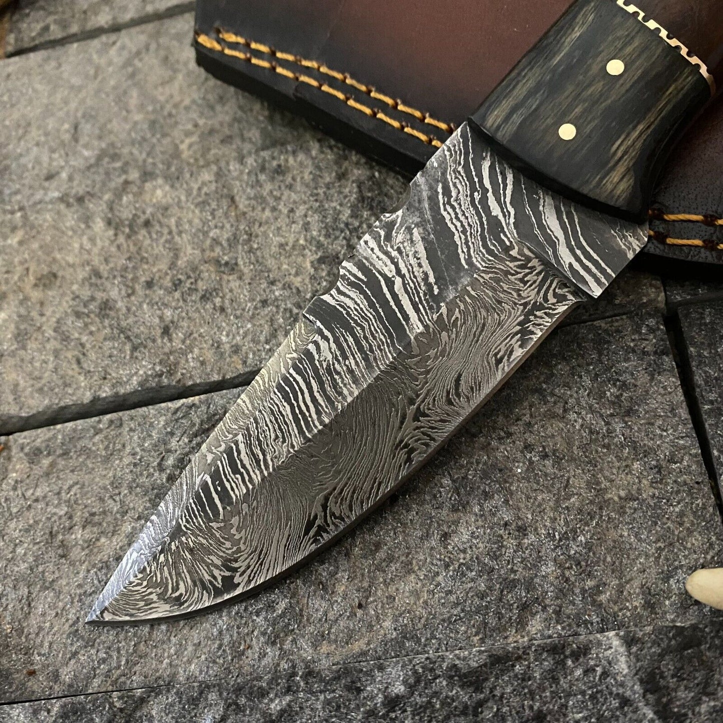 Heritage Forge 8 Inch Handmade Damascus Steel Hunting Skinner Knife with Wood Handle and Sheath