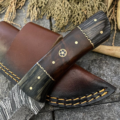 Heritage Forge 8 Inch Handmade Damascus Steel Hunting Skinner Knife with Wood Handle and Sheath