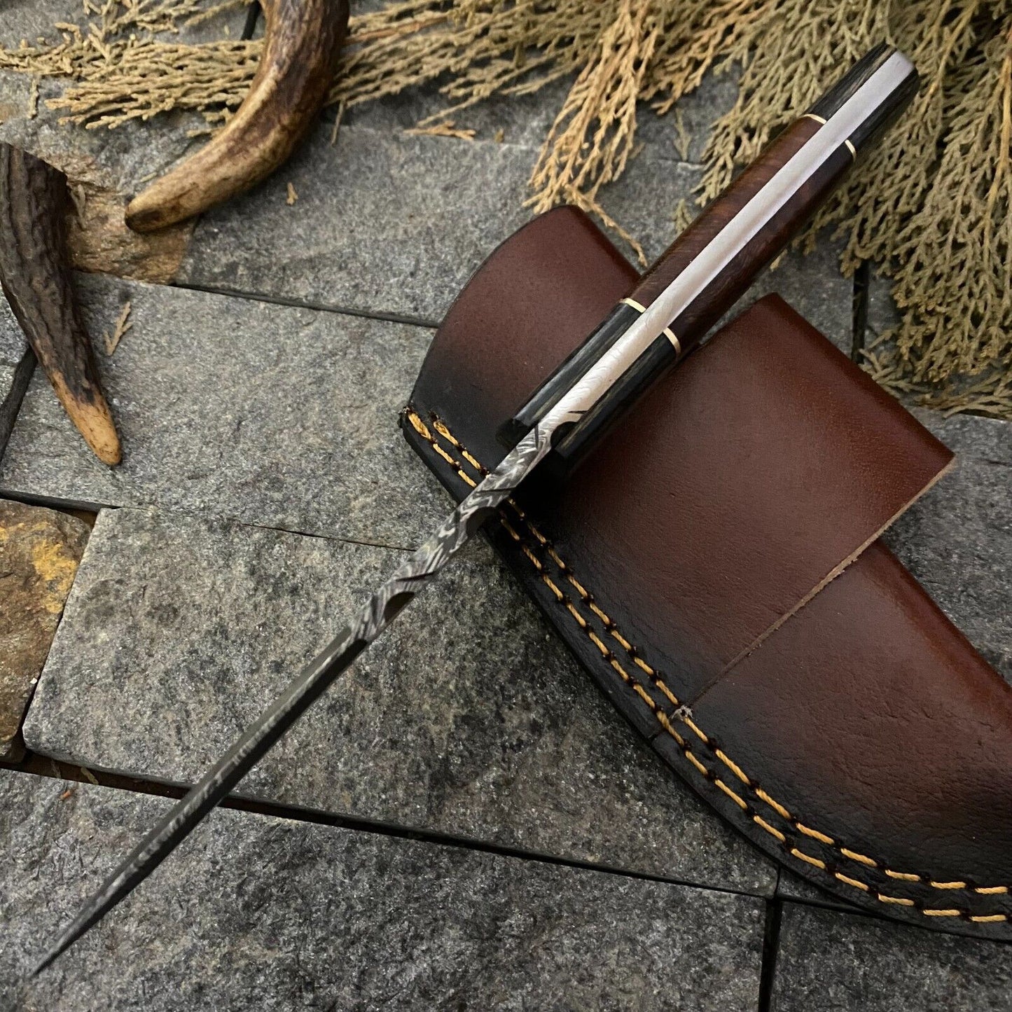 Heritage Forge 8 Inch Handmade Damascus Steel Hunting Skinner Knife with Wood Handle and Sheath