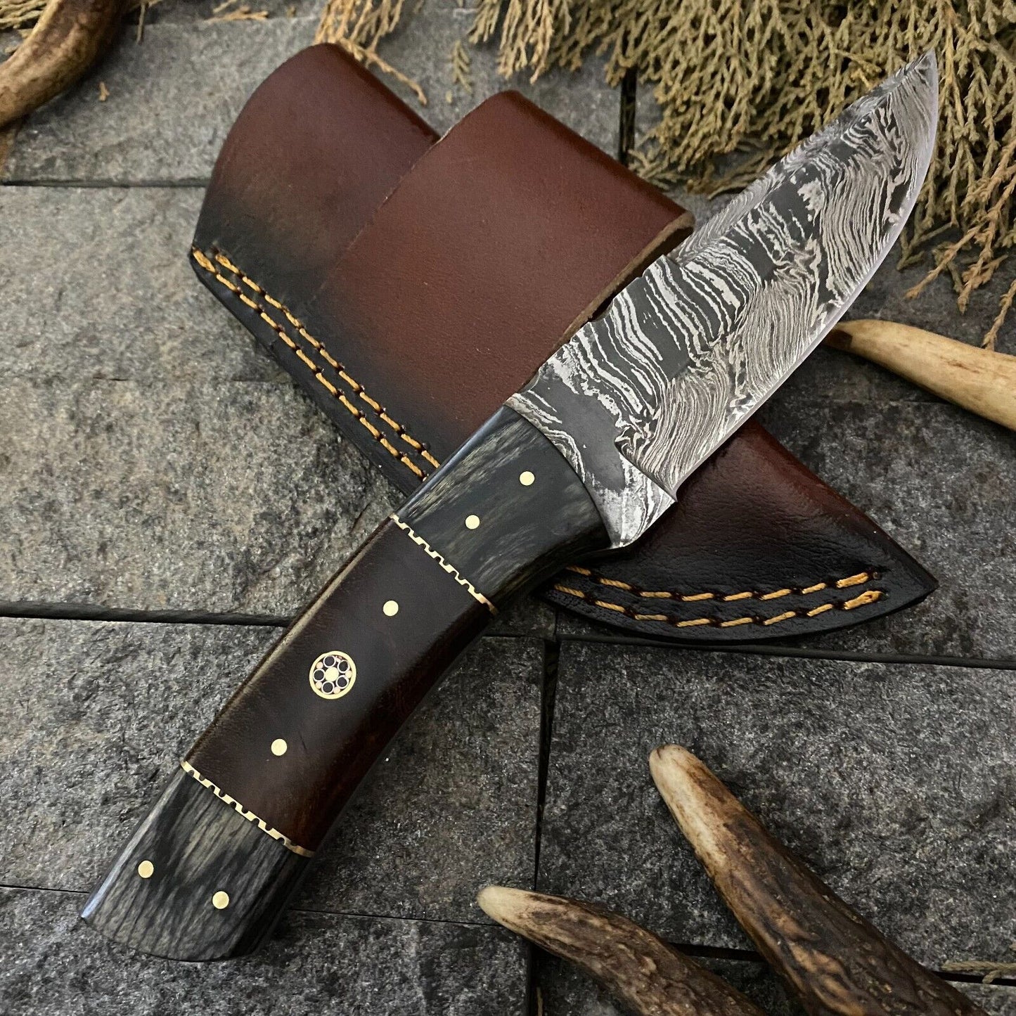 Heritage Forge 8 Inch Handmade Damascus Steel Hunting Skinner Knife with Wood Handle and Sheath