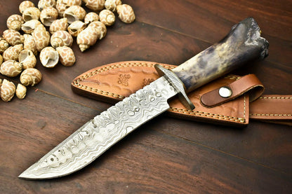12.5" Damascus Steel Bowie Knife | Camel Bone Handle