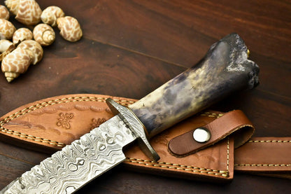 12.5" Damascus Steel Bowie Knife | Camel Bone Handle