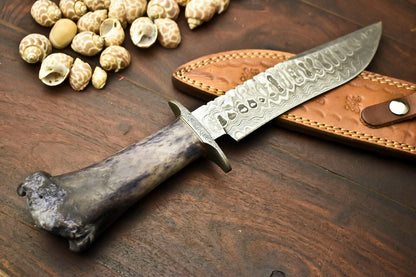 12.5" Damascus Steel Bowie Knife | Camel Bone Handle