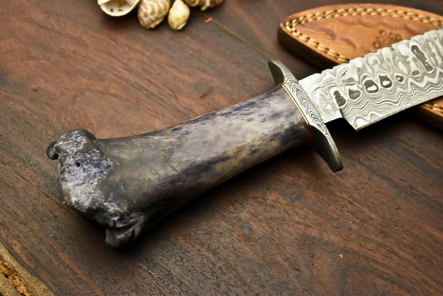 12.5" Damascus Steel Bowie Knife | Camel Bone Handle