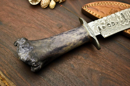 12.5" Damascus Steel Bowie Knife | Camel Bone Handle