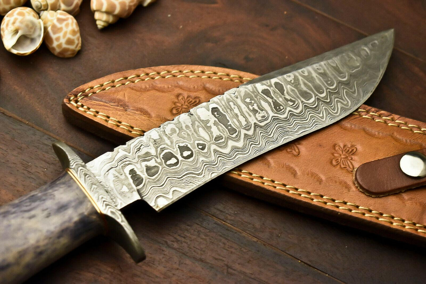 12.5" Damascus Steel Bowie Knife | Camel Bone Handle