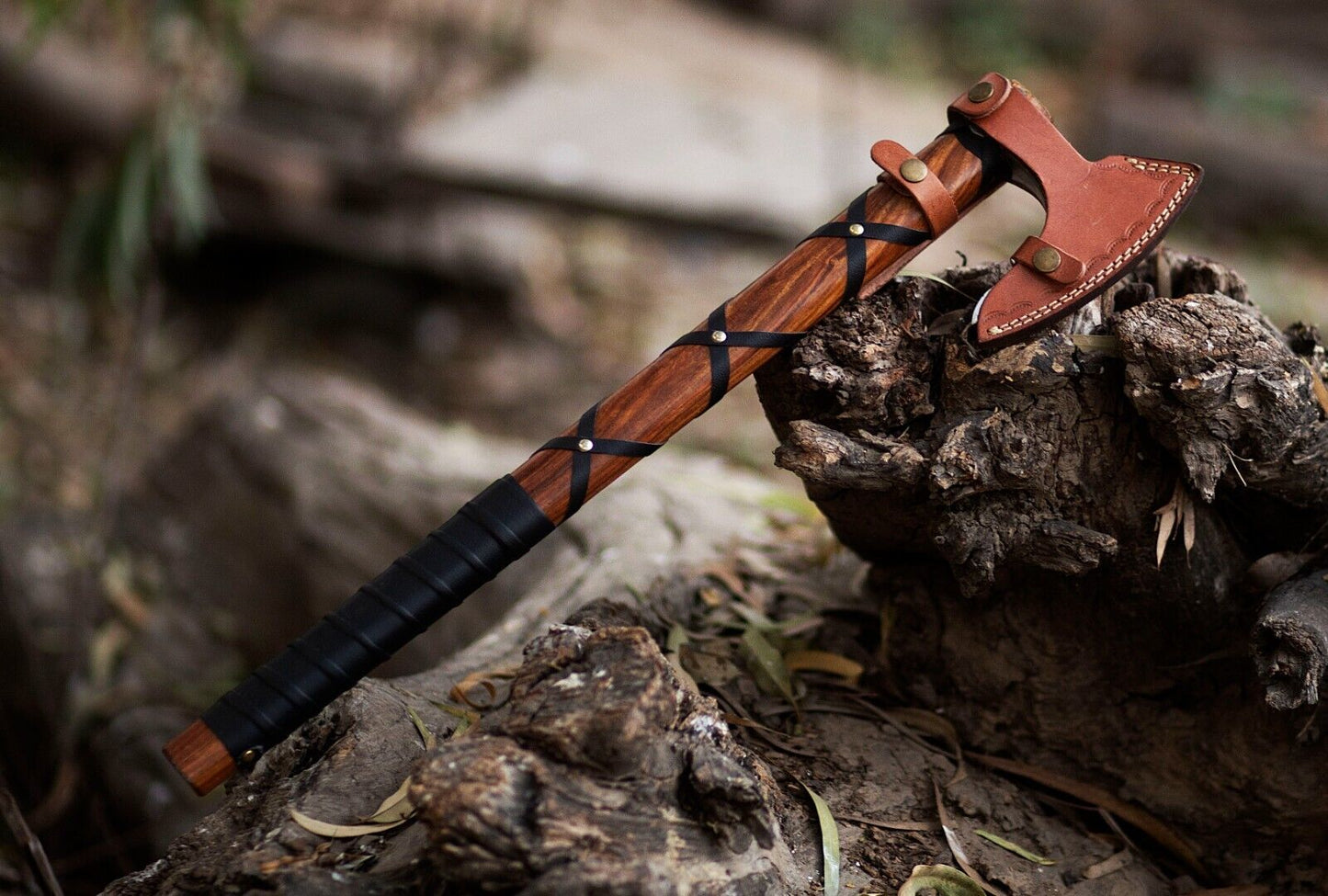 Hand Forged Viking Ragnar Carbon Steel Throwing Axe with Leather Wrap Handle and Sheath