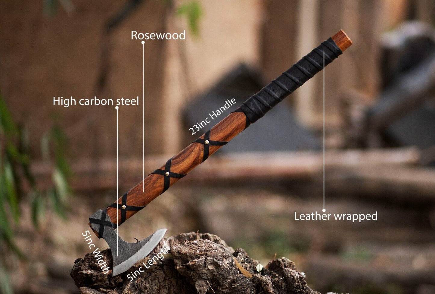 Hand Forged Viking Ragnar Carbon Steel Throwing Axe with Leather Wrap Handle and Sheath