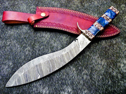 Handmade Damascus Kukri Hunting Knife with Resin Handle