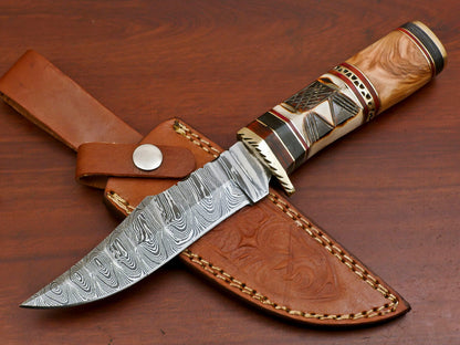 Damascus Steel Hunting Knife with Camel Bone Olive and Pakka Wood Handle