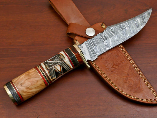 Damascus Steel Hunting Knife with Camel Bone Olive and Pakka Wood Handle