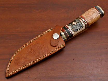 Damascus Steel Hunting Knife with Camel Bone Olive and Pakka Wood Handle