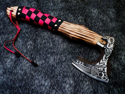 14 Inch Hand Forged Carbon Steel Viking Bearded Axe with Natural Wood Handle and Leather Sheath