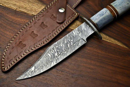 Handmade Damascus Steel Bowie Hunting Knife with Camel Bone Handle